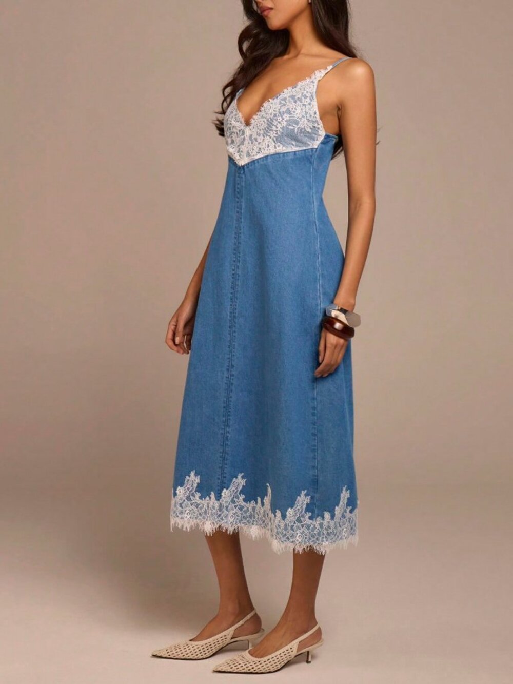 Blue Casual Women's lace detailed Denim midi Dress - Picture 6 of 6